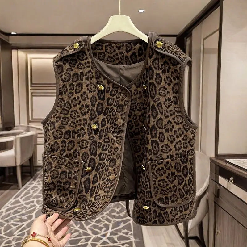 Veste gilet à imprimé léopard à double boutonnage