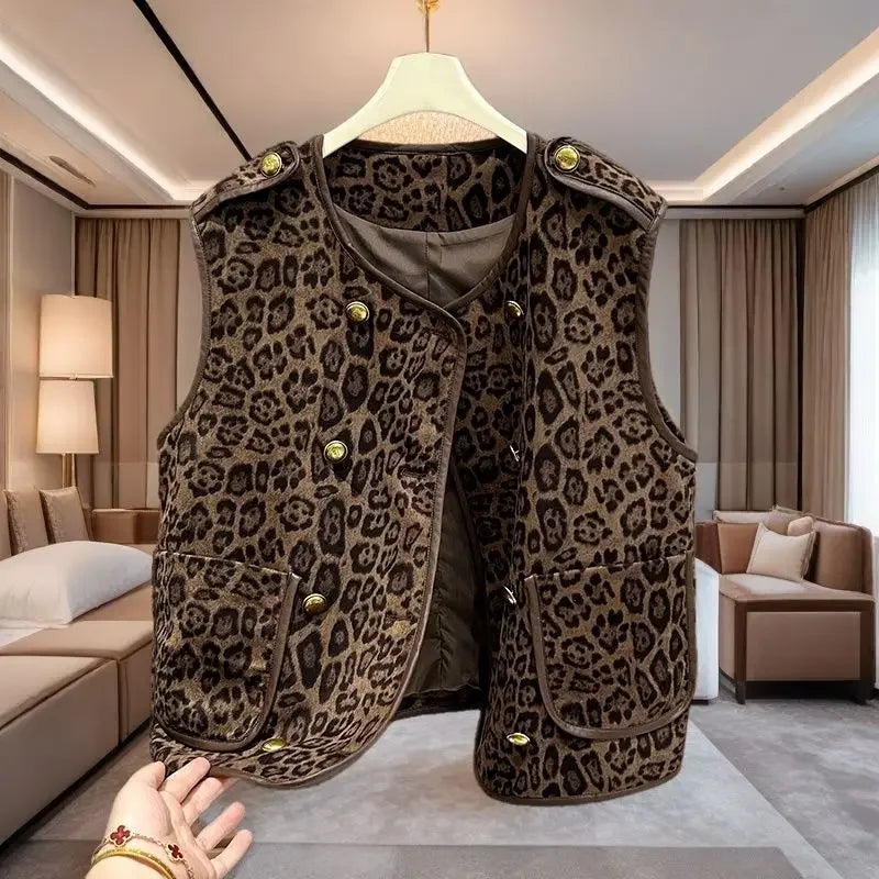 Veste gilet à imprimé léopard à double boutonnage